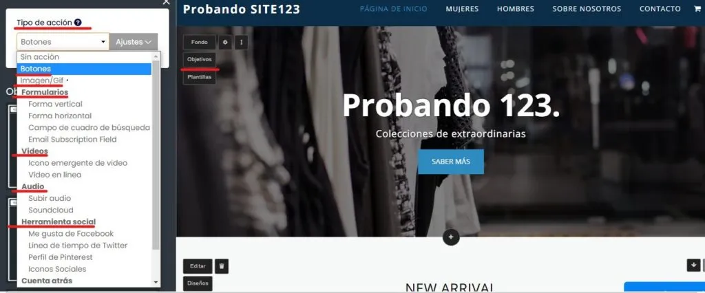 Wizard intuitivo para crear tu web en site123