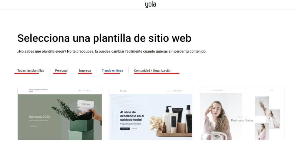 Plantillas gratuitas para tu web en Yola