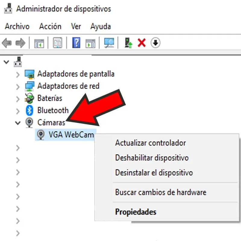 Administrador de dispositivos mostrando las opciones “Actualizar controlador” y “Deshabilitar dispositivo” del apartado “Cámaras”.