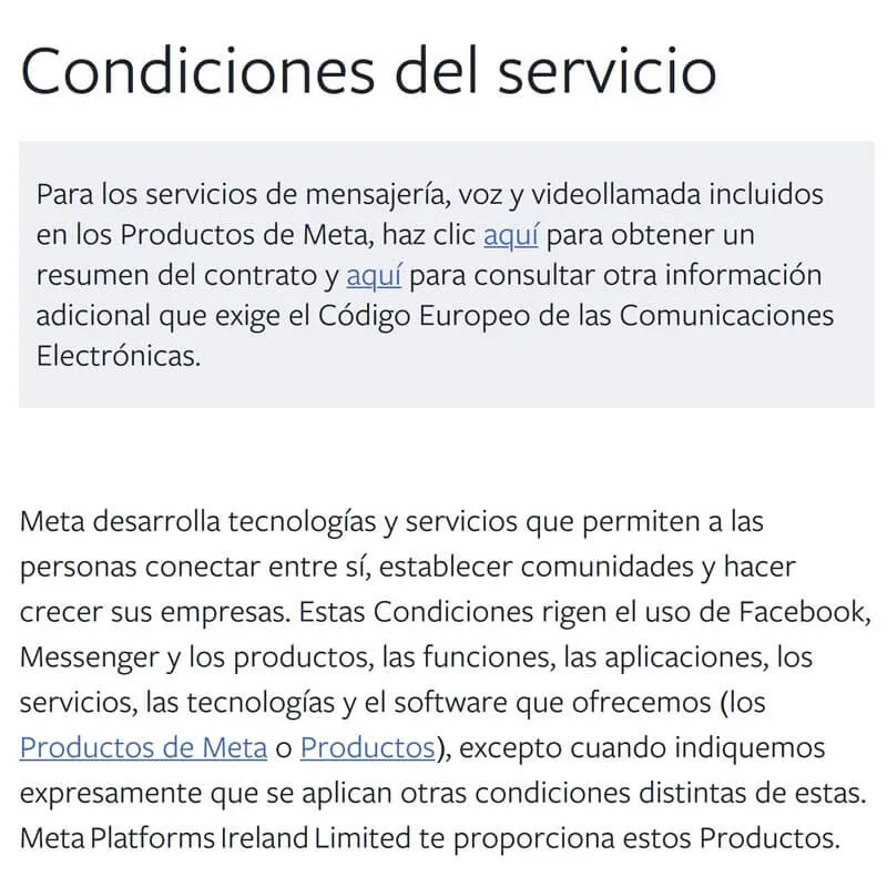 Página de términos y condiciones de Facebook.