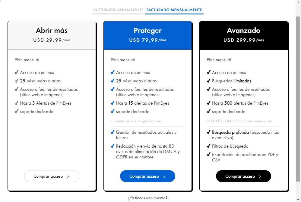 Paquetes de pago de PimEyes