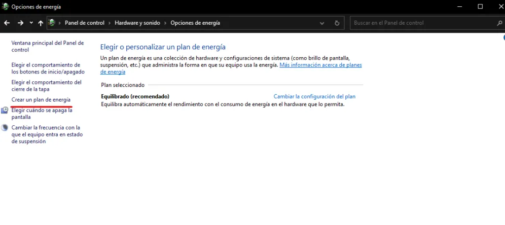 plan de energía en “Máximo rendimiento”