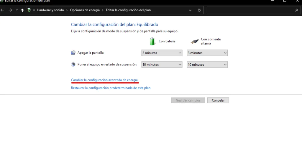 Cambia el plan de energía de Windows