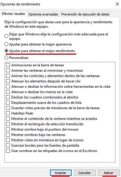 “Ajustar para obtener el mejor rendimiento”