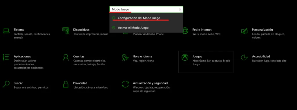 Activa el Modo Juego en Windows 10.