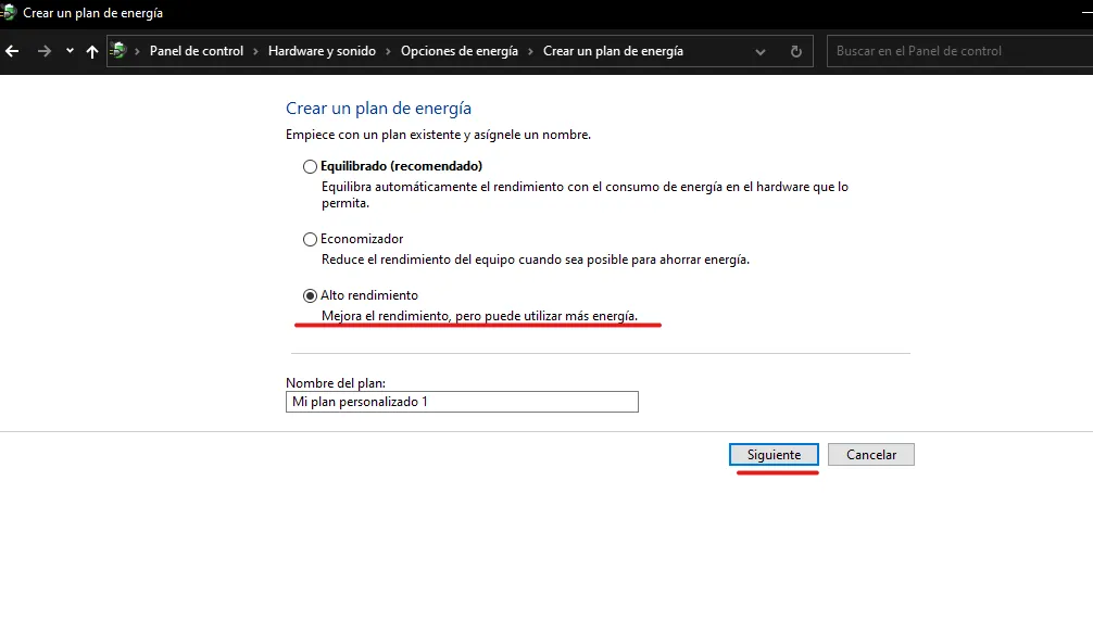 plan de energía en “Máximo rendimiento” - 02