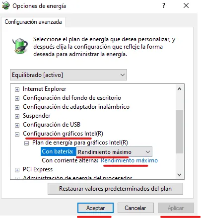 Configuración avanzada de energía