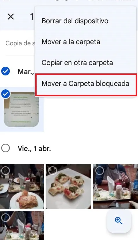 Enviar foto a la carpeta bloqueada de Google Fotos