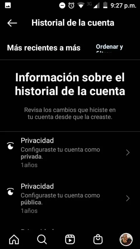 Historial de cambios en la cuenta