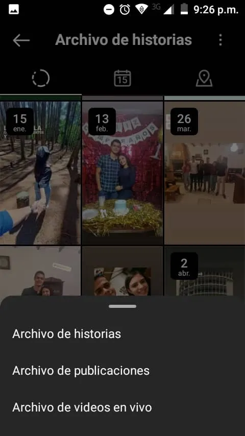 Menú del archivo de Instagram
