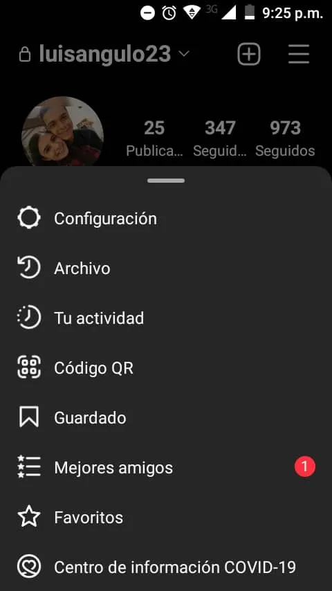 Menú del historial de Instagram