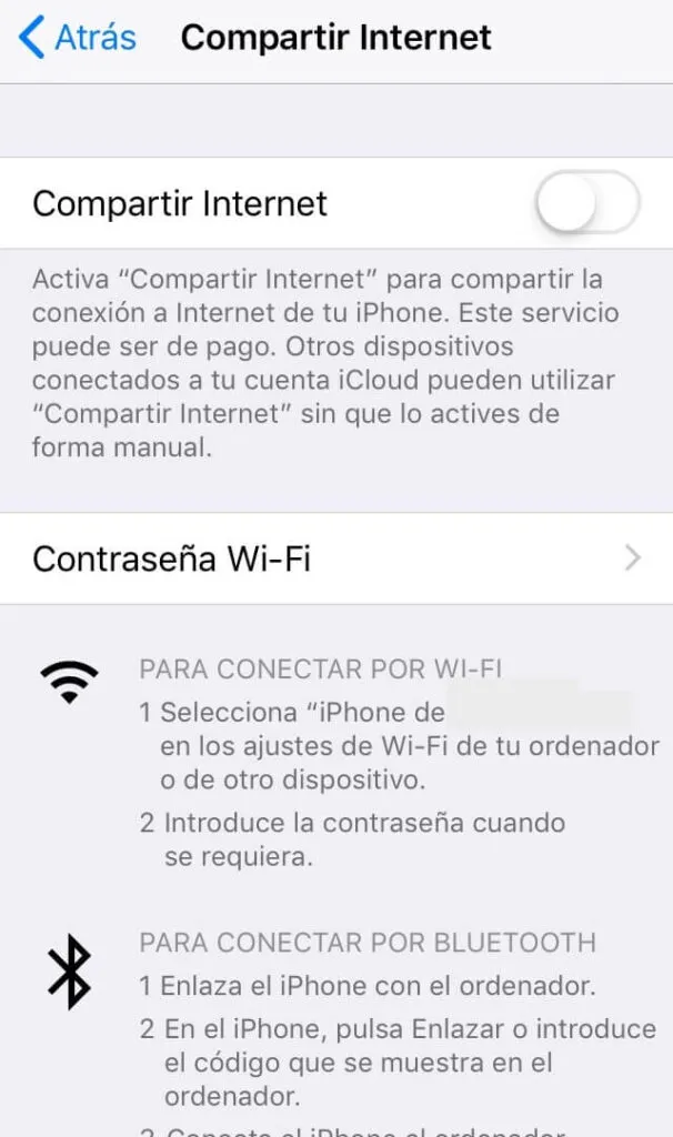 Menú para configurar un iPhone como un punto de acceso.