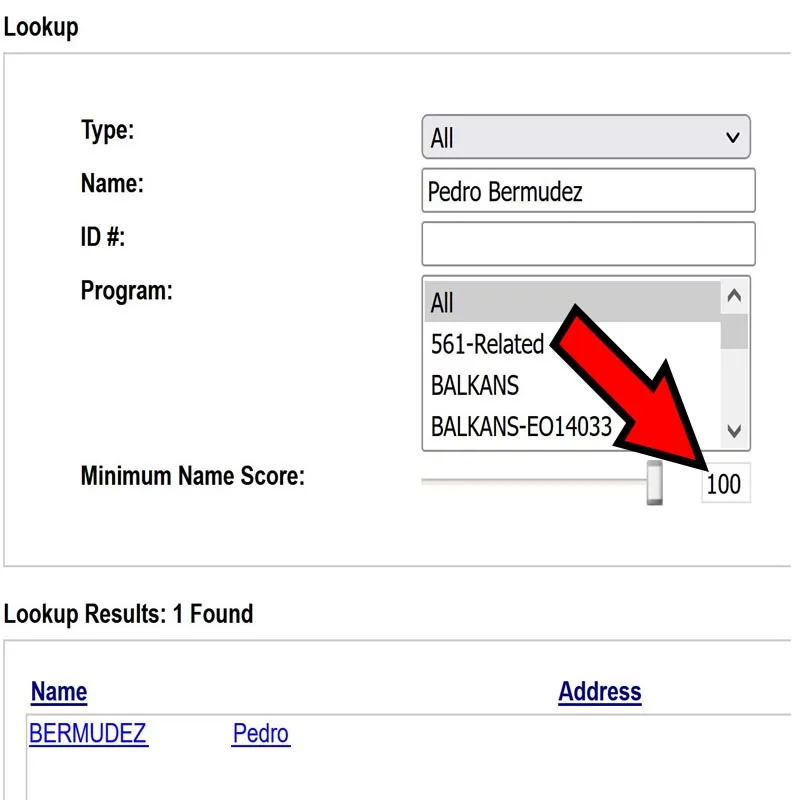 Lista OFAC mostrando el número “100”, y que solo sale una sola persona llamada “Pedro Bermúdez”.