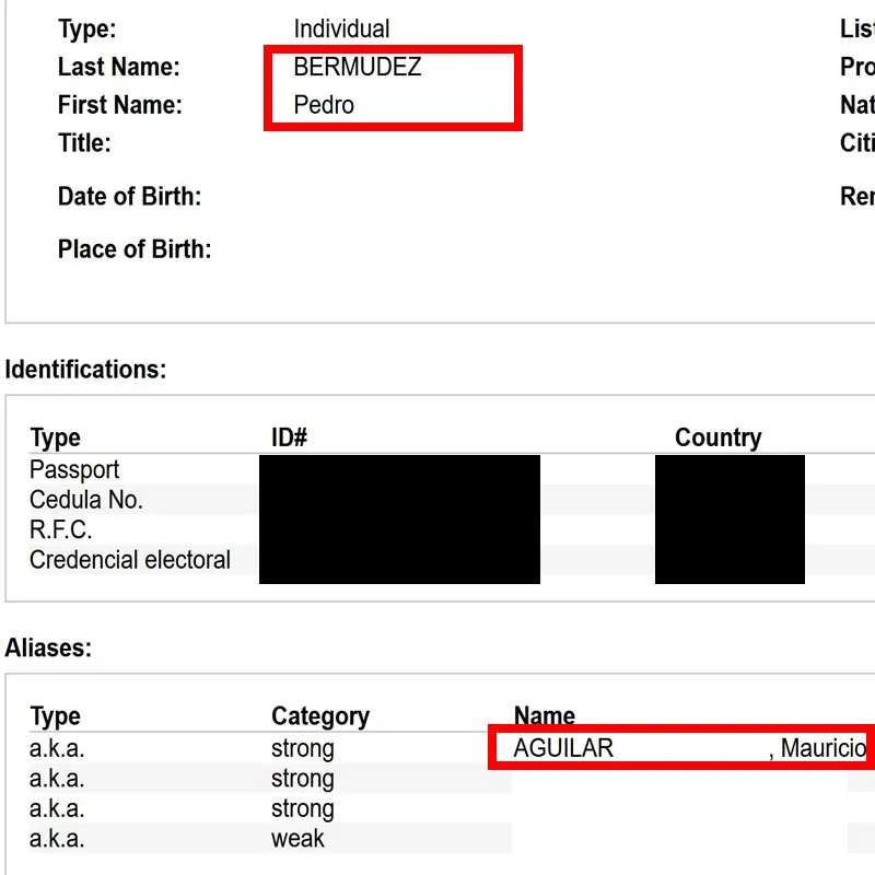 Lista OFAC mostrando que una persona llamada “Pedro Bermúdez” tiene el pseudónimo “Mauricio Aguilar”.