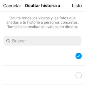 Menú de “Ocultar historia a” de Instagram.