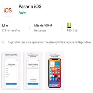 Tienda de Google Play mostrando la app “Pasar a iOS”.