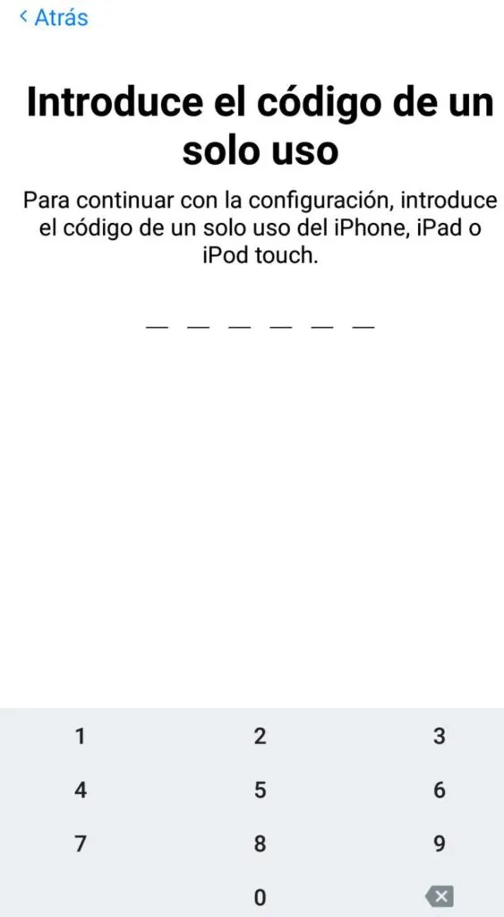 Ventana para introducir un código de la app de “Pasar a iOS” en Android.