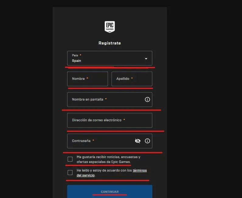 Formulario alta en epic games
