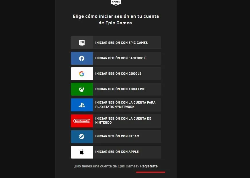 Registro de cuenta gratuita en Epic Games
