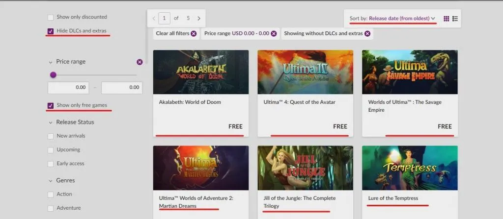 Catalogo de juegos gratuitos de GOG Games
