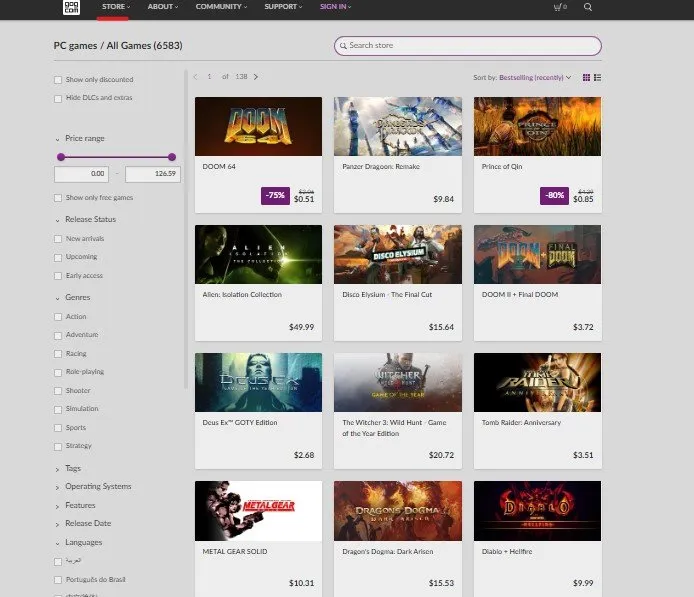 Catalogo de juegos gratuitos de GOG Games