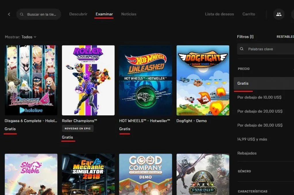 Examinar catalogo de juegos gratis epic store