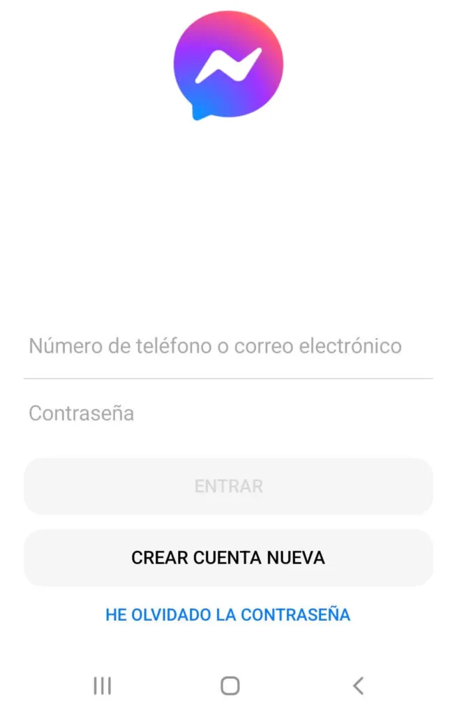Pantalla de inicio de sesión de Messenger en Android.