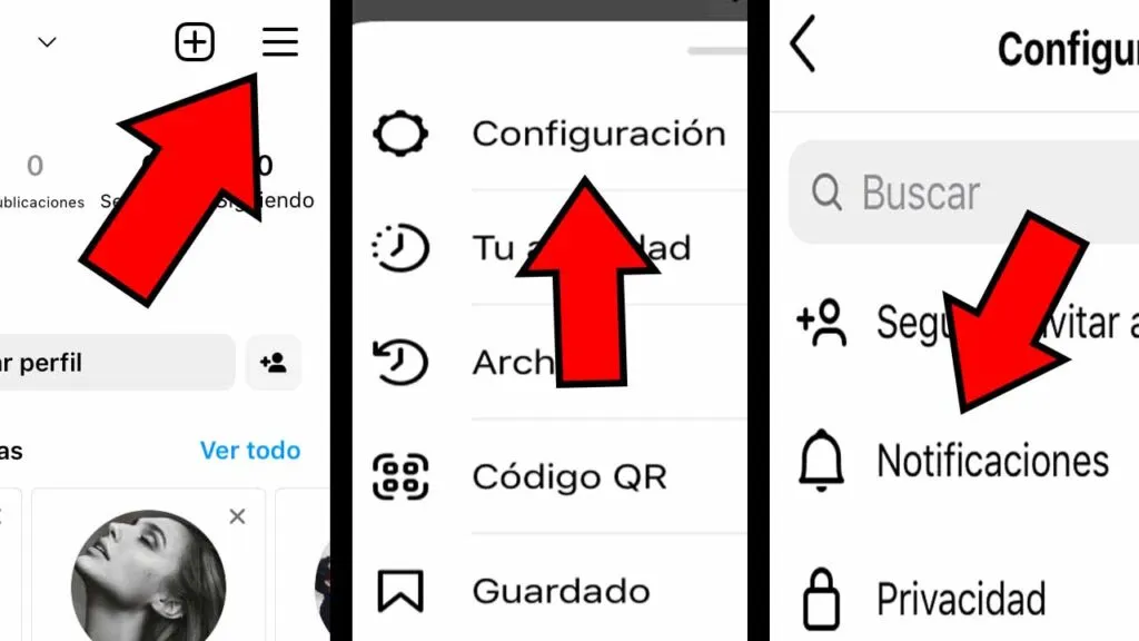 Menú de hamburguesa, y opciones “Configuración” y “Notificaciones” de la app de Instagram.