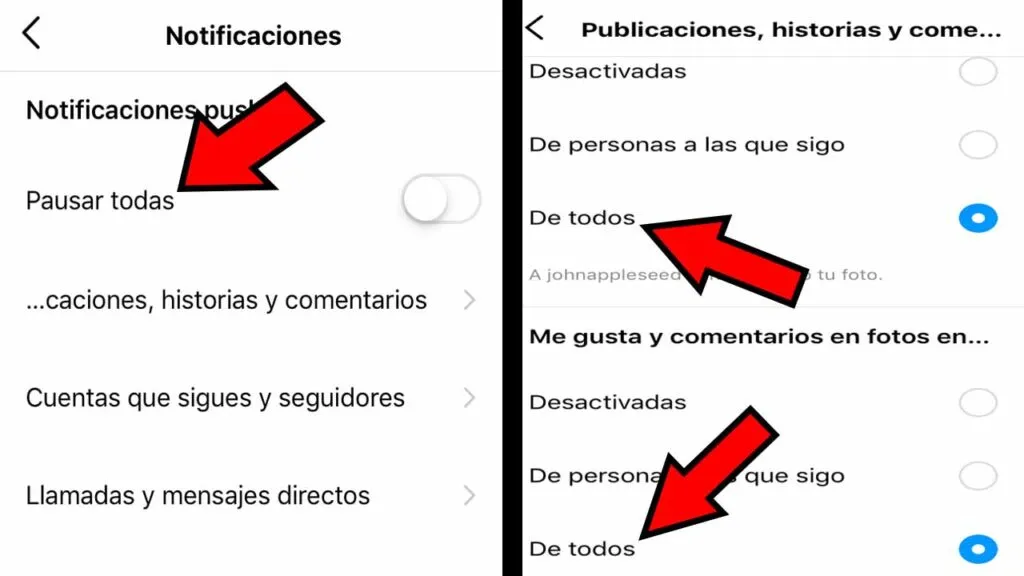 Opciones “Pausar todas” y “De todos” de la app de Instagram.