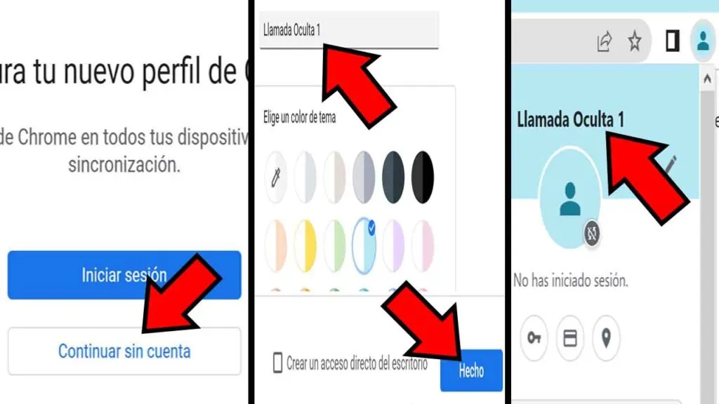 Botones “Continuar sin cuenta” y “Hecho”, y nombre de un perfil de Chrome.