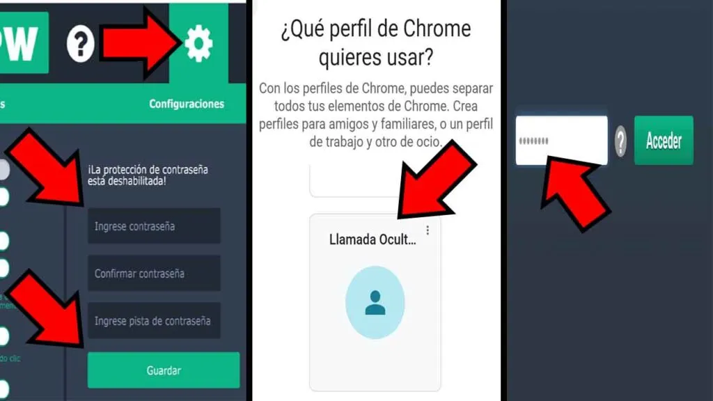 Icono del engranaje y tres casillas de LockPW, un perfil de Chrome, y un formulario para ingresar una contraseña para entrar a este perfil.