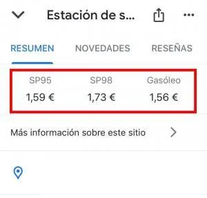 Precios de tres tipos de gasolina en Google Maps.