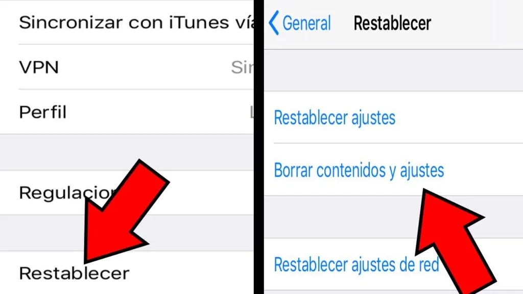 Apartados “Restablecer” y “Borrar contenidos y ajustes”.