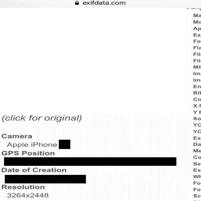 Metadatos de una foto mostrando sus coordenadas de GPS, y el modelo del iPhone que tomó la foto.