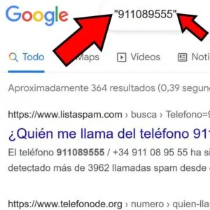 Número de teléfono buscado entre comillas en Google.