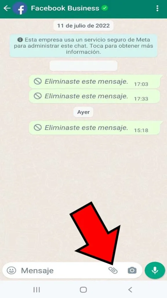 Chat de WhatsApp mostrando el icono del clip para adjuntar archivos.