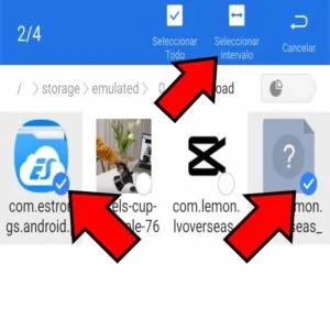 Opción “Seleccionar intervalo”, y dos archivos seleccionados en el ES File Explorer.