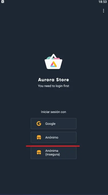 Iniciar sesion en Aurora Store