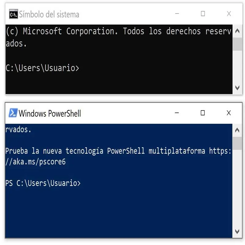 Ventanas del CMD y el PowerShell.