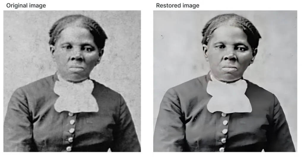 Foto de los ejemplos de la página web de la IA junto con su versión restaurada.