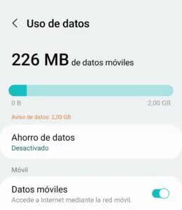 Menú de Android que indica el consumo de datos de un usuario.