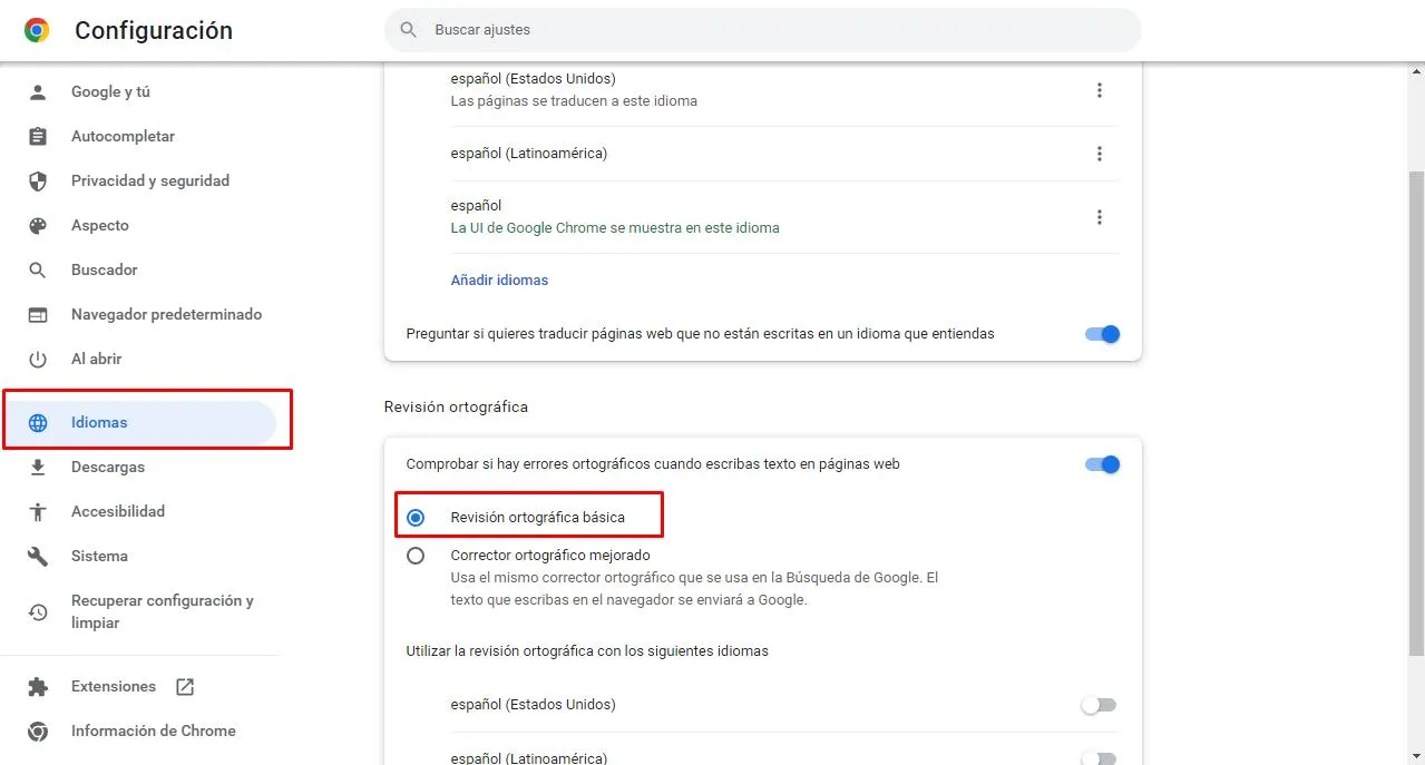 Desactivar el corrector ortográfico mejorado