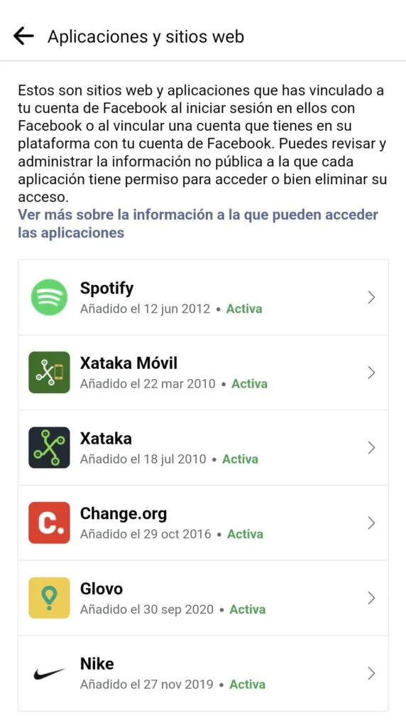 Aplicaciones con acceso a tu cuenta de Facebook