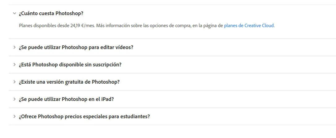 Precios oficiales de Photoshop en la web de Adobe