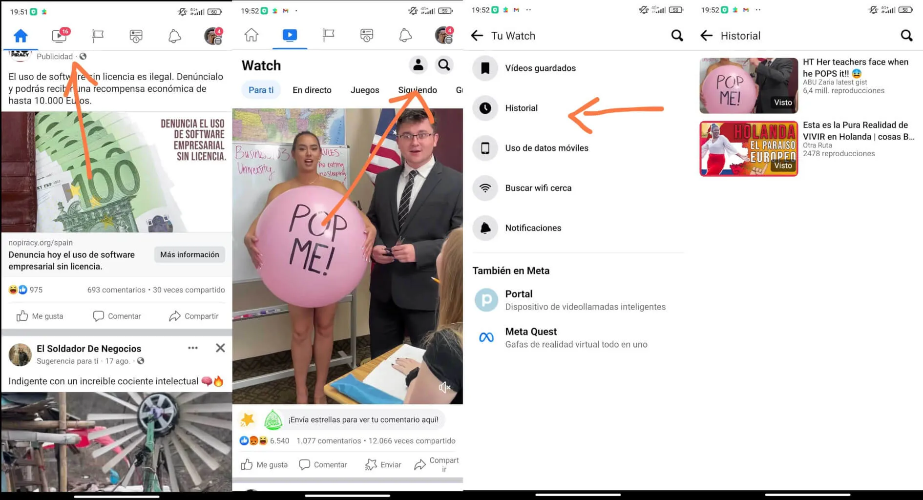 como ver el historial de videos de facebook