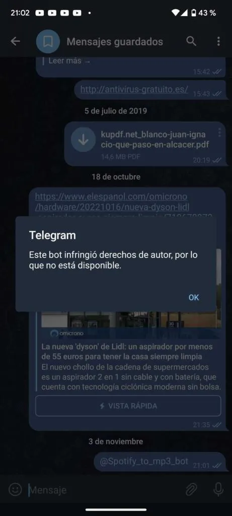 Bot de Telegram eliminado