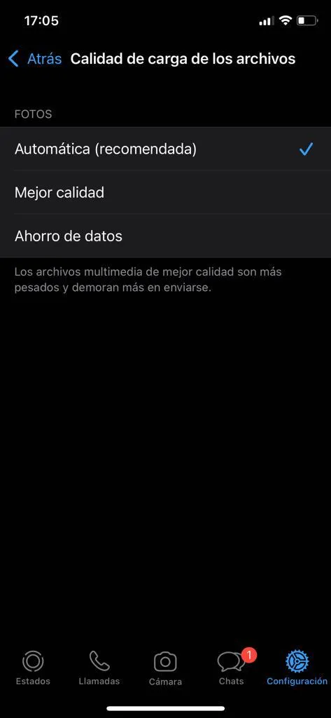 Seleccionar nivel de compresión de imagen en Whatsapp