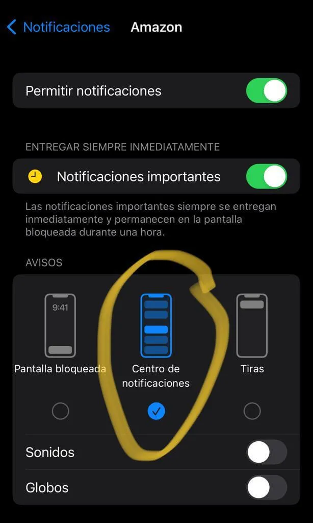 Captura de centro de notificaciones