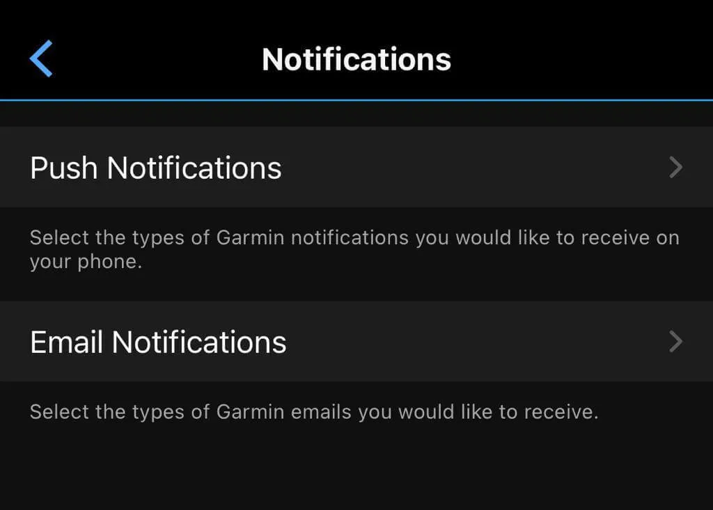 Notification settings in Garmin Connect for iOS. App selector is missing