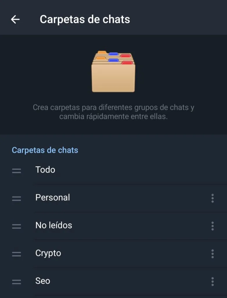 Como crear carpetas en Telegram